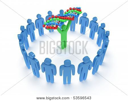 Blue people around green man with DNA chain. 3D.