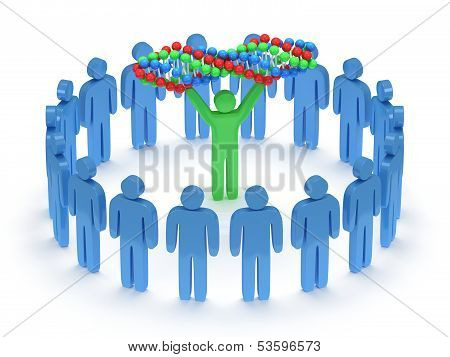 Blue people around green man with DNA chain. 3D.