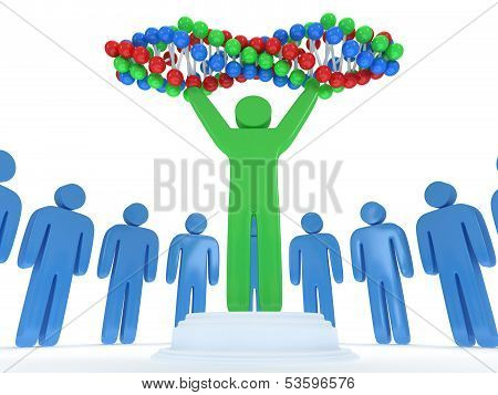 Blue people around green man with DNA chain. 3D.