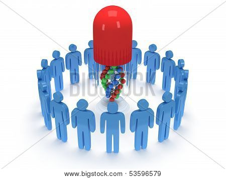 Blue people around pill DNA chain. 3D render.