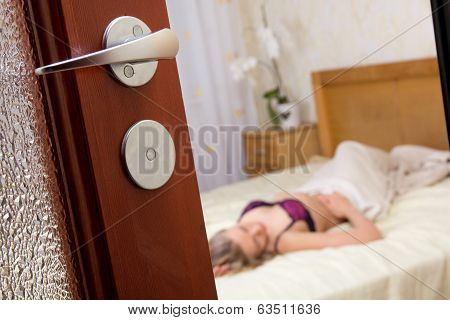 Voyeurism - Woman In Lingerie - View  Through Bedroom Door