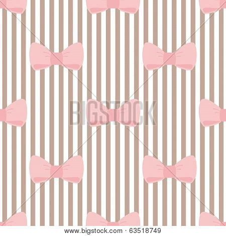 Seamless vector pattern with pastel pink bows on a light brown and white stripes tile background