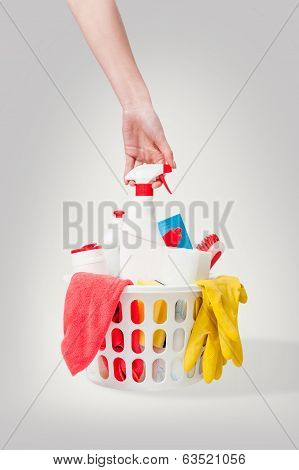 Basket with celaning products