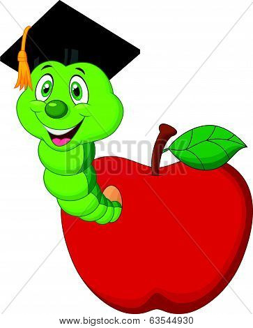 Worm cartoon wearing a raduation cap crawling out of an apple