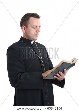 Catholic priest reading the Holy Bible shot on white