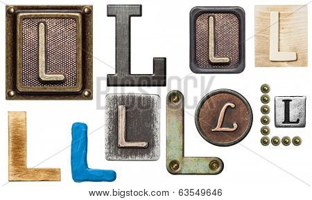 Alphabet made of wood, metal, plasticine. Letter L