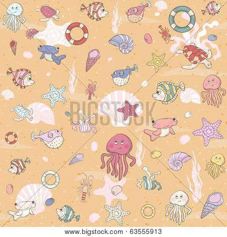 Seamless sea pattern with various inhabitants