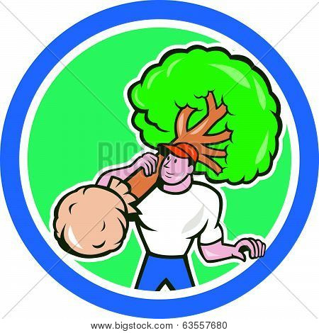 Gardener Arborist Carrying Tree Cartoon