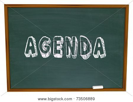 Agenda word written on a chalkboard as a to do list or syllabus for course work in a classroom for lesson or training