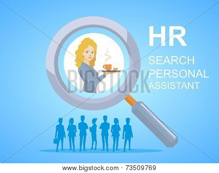 Vector Illustration Of Woman Portrait Personal Assistant With Coffee In Hand Seen Through A Magnifie