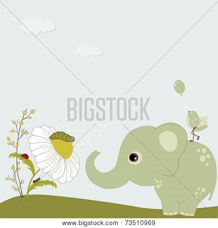 Green Cute Elephant With Chamomile And Insects