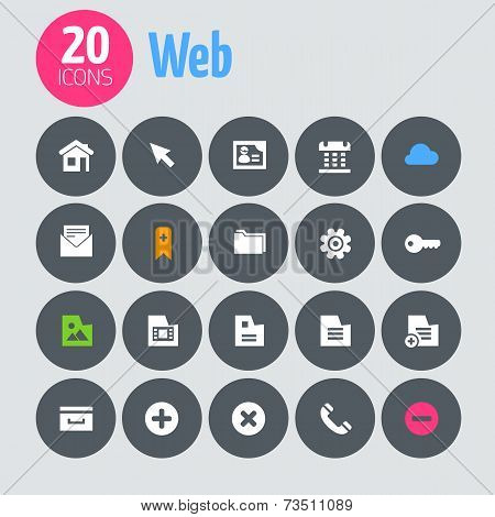 Flat minimalistic web icons on dark gray circles