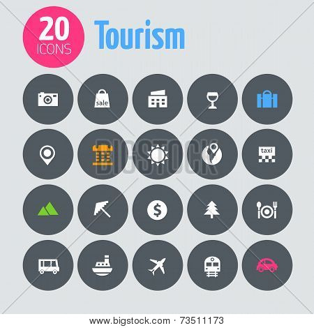 Flat minimalistic tourism icons on dark gray circles