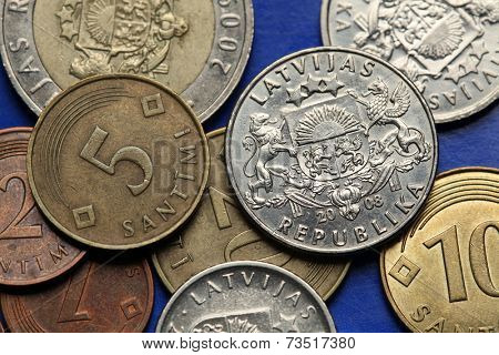 Coins of Latvia. Latvian national large coats of arms depicted in old Latvian lats coins. 