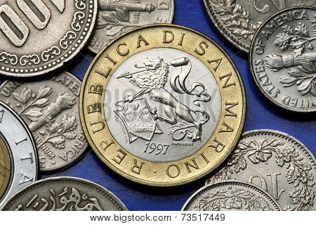 Coins of San Marino. Heraldic lion holding the coat of arms of San Marino depicted in the old Sammarinese 1000 lira coin.