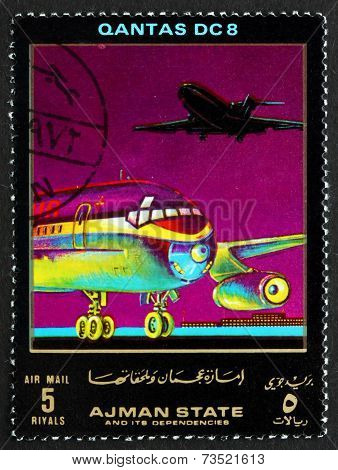 Postage Stamp Ajman 1972 Dc 8, Quantas, Airliner