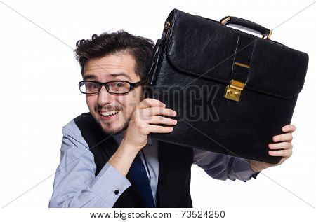 Funny businessman with briefcase isolated on white