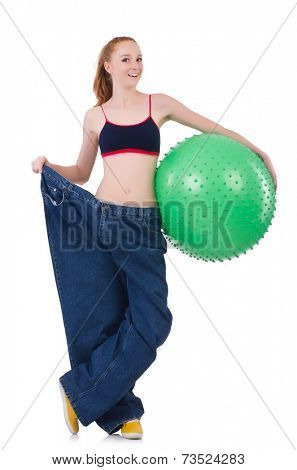 Woman in weight loss concept isolated on white