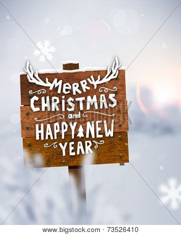 Winter Background. Blurred Landscape with Snow Drifts, Snowfall and Christmas Trees in the distance. Holiday Vector Illustration with Snowflakes, Sky and Xmas Label. Wooden Plaque with Christmas Label