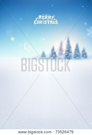 Winter Background. Blurred Landscape with Snow Drifts, Snowfall and Christmas Trees in the distance. Holiday Vector Illustration with Snowflakes, Sky and Xmas Label.