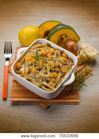 pasta casarecce with pumpkin, lemon peel and parmesan cheese