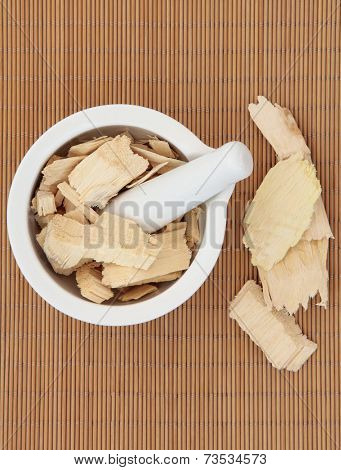 Quassia bark herb in a mortar with pestle over white background. Quassia amara.