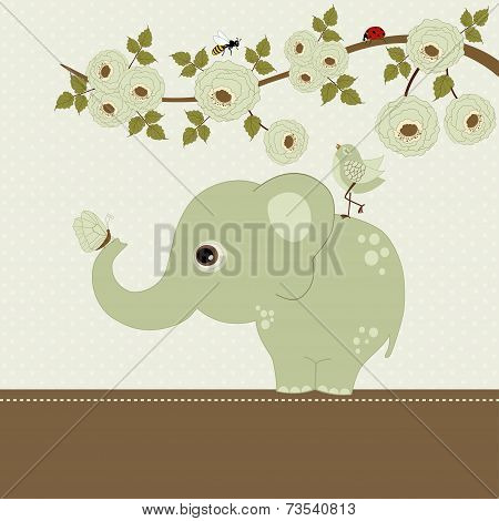 Greeting Card With Cute Elephant And Branch With Flowers