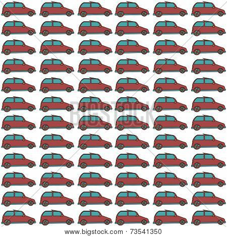 Seamless repeating pattern of red painted cars with blue glass on a white background.