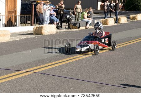 West Point, CA October 4, 2014: Lumberjack day, a typical slice of Americana, a children's soapbox race down Main St, starting the events for the day in this small American Sierra foothills community