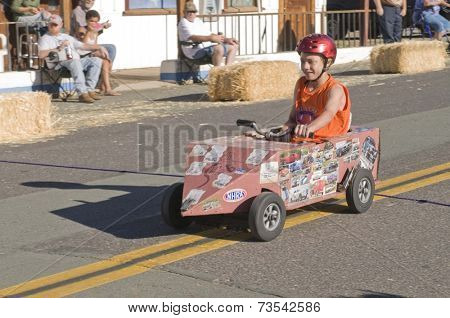West Point, CA October 4, 2014: Lumberjack day, a typical slice of Americana, a children's soapbox race down Main St, starting the events for the day in this small American Sierra foothills community