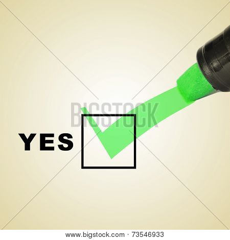 a check mark drawn with a green marker pen on a checbox with the word yes