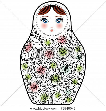 Russian Doll Matrioshka Babushka Sketch On White Background.
