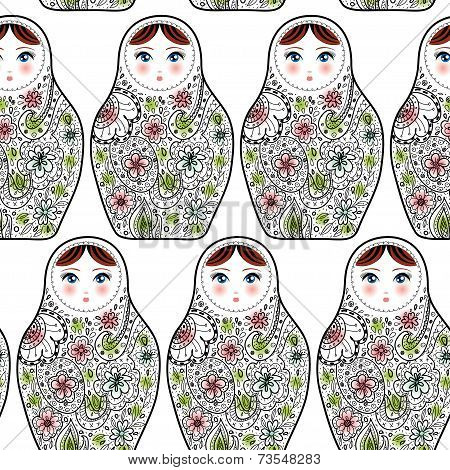 Pattern With The Russian Dolls Matrioshka Babushka On Sketch White Background.
