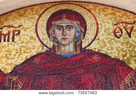 BUDVA, MONTENEGRO - JUNE 09, 2012: Virgin Mary - mosaic icon in Orthodox Christian church, on June 09, 2012 in Budva, Montenegro