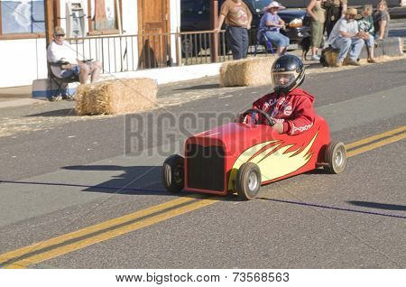 West Point, CA October 4, 2014: Lumberjack day, a typical slice of Americana, a children's soapbox race down Main St, starting the events for the day in this small American Sierra foothills community