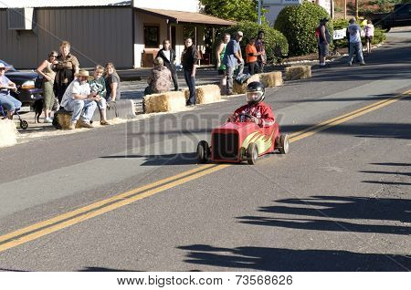 West Point, CA October 4, 2014: Lumberjack day, a typical slice of Americana, a children's soapbox race down Main St, starting the events for the day in this small American Sierra foothills community