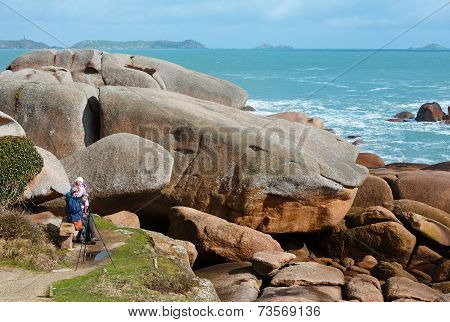 Ploumanach Coast View And Family On Stony Bench (brittany, France)