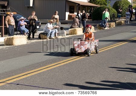 West Point, CA October 4, 2014: Lumberjack day, a typical slice of Americana, a children's soapbox race down Main St, starting the events for the day in this small American Sierra foothills community