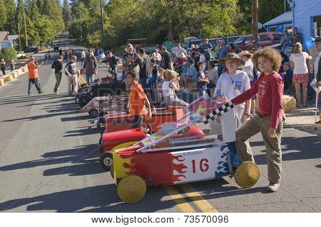 West Point, CA October 4, 2014: Lumberjack day, a typical slice of Americana, a children's soapbox race down Main St, starting the events for the day in this small American Sierra foothills community