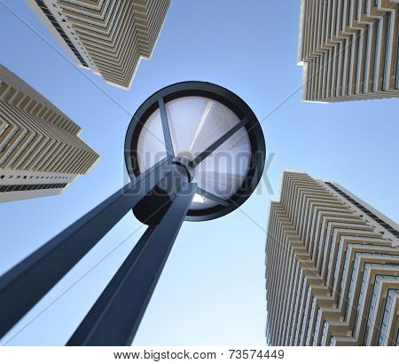 City of modern architecture and street lights 