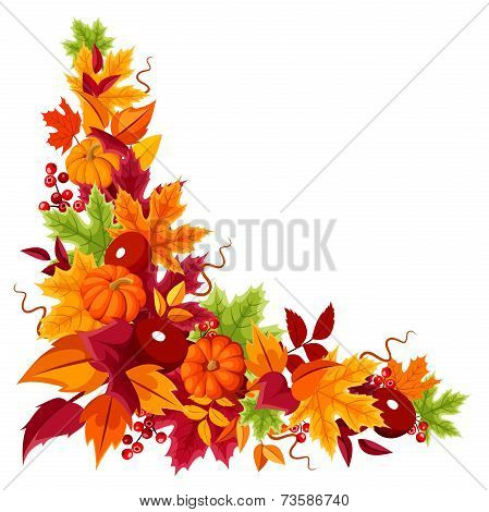 Corner background with pumpkins and colorful autumn leaves. Vector illustration.