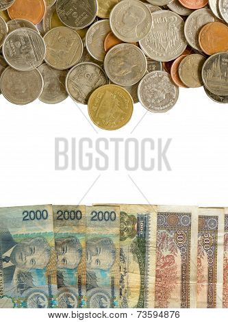 Thai Baht Coins And Kip Is The Currency Of Laos Background