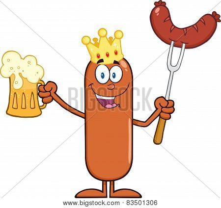 Happy King Sausage Cartoon Character Holding A Beer And Weenie On A Fork