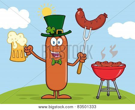 Leprechaun Sausage Character Holding A Beer And Weenie Next To BBQ