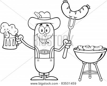 Black And White German Oktoberfest Sausage Cartoon Character Holding A Beer And Weenie Next To BBQ