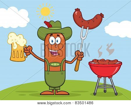 German Oktoberfest Sausage Character Holding A Beer And Weenie Next To BBQ