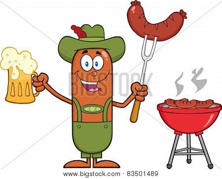 German Oktoberfest Sausage Cartoon Character Holding A Beer And Weenie Next To BBQ