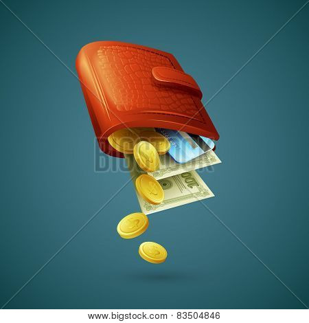 Purse with money, credit cards and coins. Vector illustration