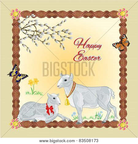 Two Lambs Easter Frame Place For Text Vector