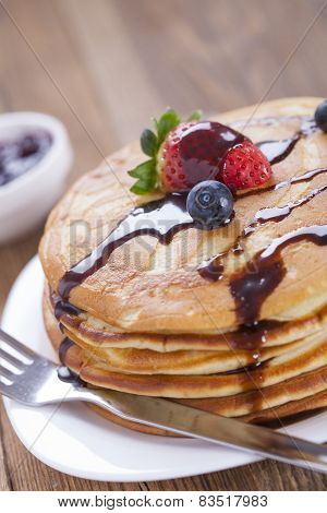 Delicious Sweet American Pancakes On A Plate With Fresh Fruits